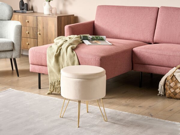 Taburet s úložným priestorom svetlobéžový zamat 42 x 42 x 44 cm zlaté kovové nohy čalúnený podnožka glamour moderný štýl obývačka