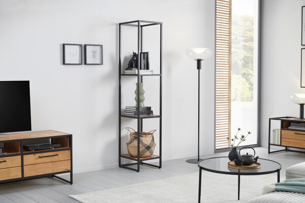 REGÁL, čierna, medová, železo, akácia, 37/184/42 cm MID.YOU - Online Only drobný nábytok, Online Only