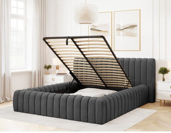 Tmavosivá čalúnená dvojlôžková posteľ s úložným priestorom s roštom 140x200 cm Carilla – ELTAP