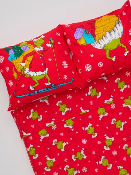 Sinsay - Súprava bavlneného posteľného prádla s vianočným vzorom Grinch - červená