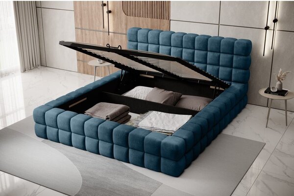 Modrá čalúnená dvojlôžková posteľ s úložným priestorom s roštom 140x200 cm Dizzle – ELTAP