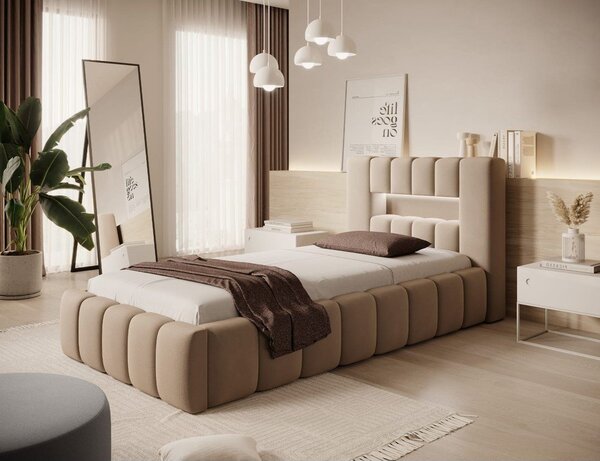 Svetlohnedá čalúnená jednolôžková posteľ s úložným priestorom s roštom 90x200 cm Lamica – ELTAP