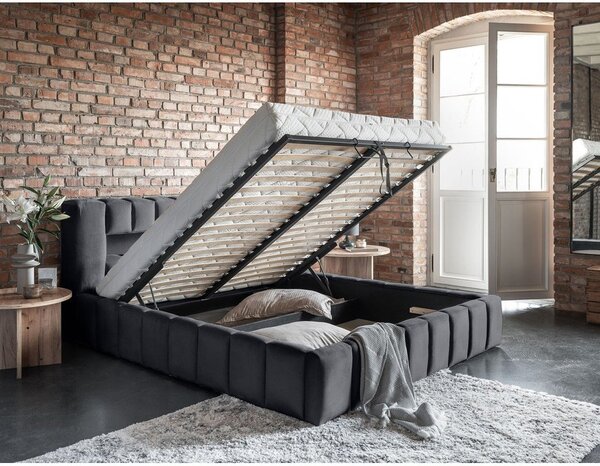 Sivá čalúnená dvojlôžková posteľ s úložným priestorom s roštom 140x200 cm Lamica – ELTAP