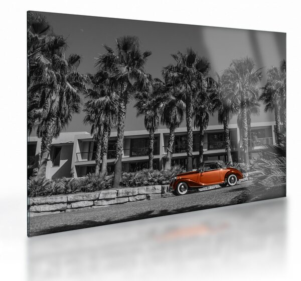 Sklenený obraz - Retro červené auto (70x50 cm)