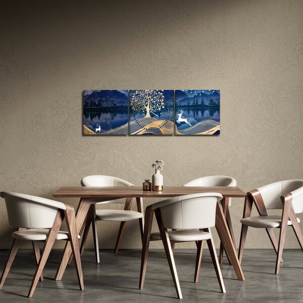 Obraz jeleňov pri splne (s hodinami) (90x30 cm)