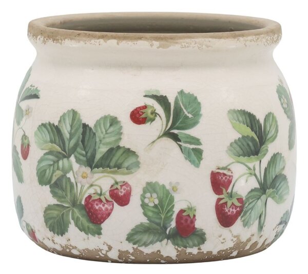 Krémový antik keramický obal na kvetináč s jahôdkami Fraises - Ø 12*9 cm - Chic Antique