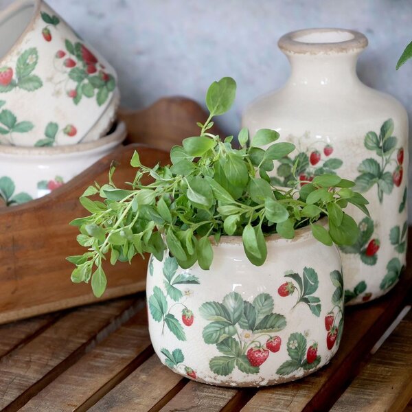 Krémový antik keramický obal na kvetináč s jahôdkami Fraises - Ø 12*9 cm - Chic Antique