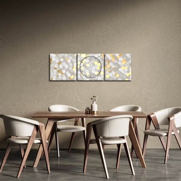 Obraz - Zlato-biele hexagóny (s hodinami) (90x30 cm)