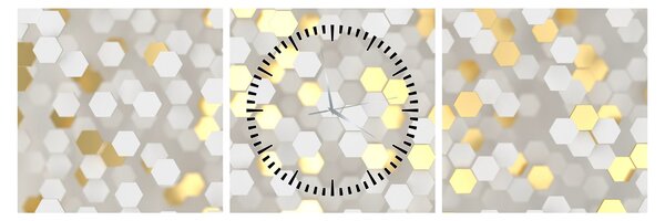Obraz - Zlato-biele hexagóny (s hodinami) (90x30 cm)
