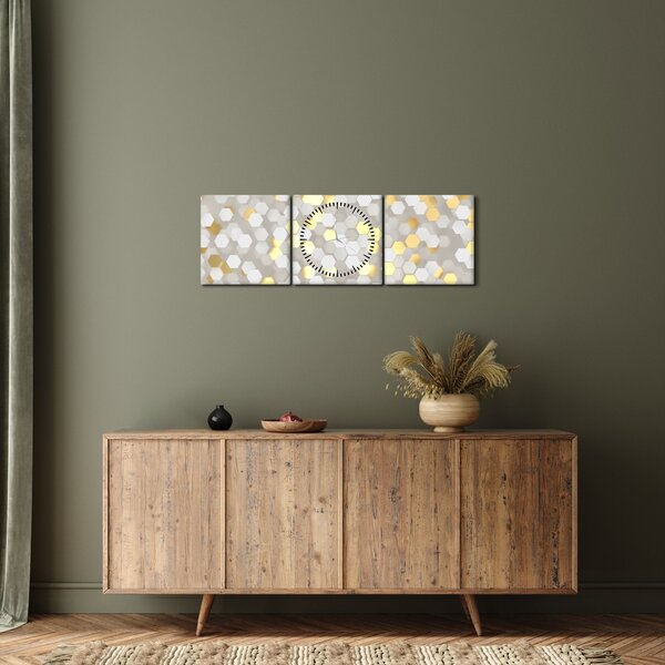 Obraz - Zlato-biele hexagóny (s hodinami) (90x30 cm)