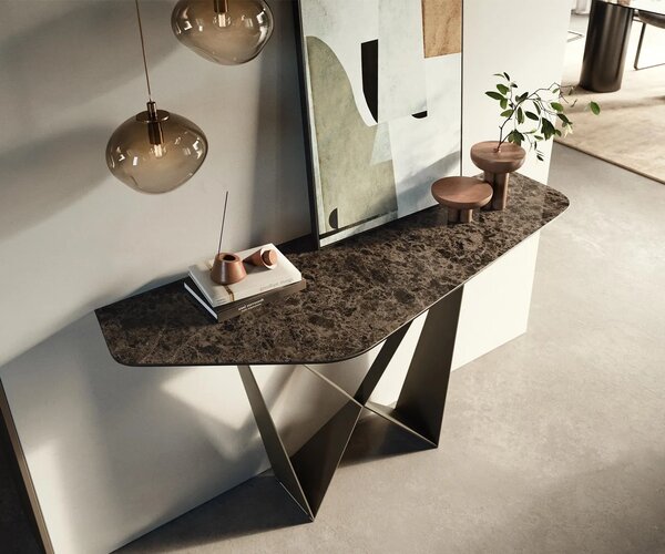 DELIFE Konzolový stolík Edge polygonálny 140×50 cm keramika emperador extra leštená tmavohnedá Spios kov titánová farba