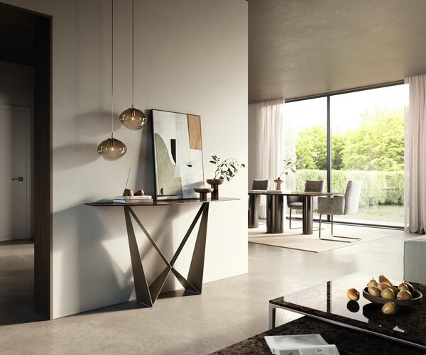 DELIFE Konzolový stolík Edge polygonálny 140×50 cm keramika emperador extra leštená tmavohnedá Spios kov titánová farba