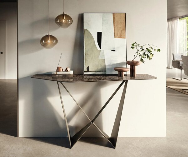 DELIFE Konzolový stolík Edge polygonálny 140×50 cm keramika emperador extra leštená tmavohnedá Spios kov titánová farba