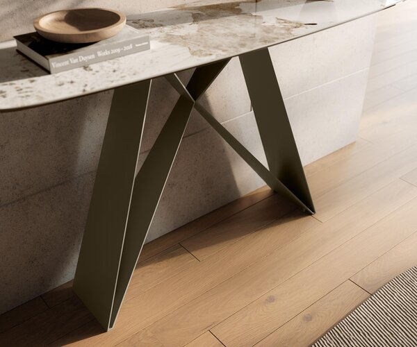 DELIFE Konzolový stolík Edge zaoblený 140×40 cm keramika Minas Melange bielo-béžová Velio kov titánová farba
