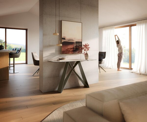 DELIFE Konzolový stolík Edge zaoblený 140×40 cm keramika Minas Melange bielo-béžová Velio kov titánová farba