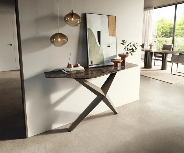 DELIFE Konzolový stolík Edge polygonálny 140×50 cm keramika Emperador Extra Lucidato tmavohnedá Zentharo kov titánová farba
