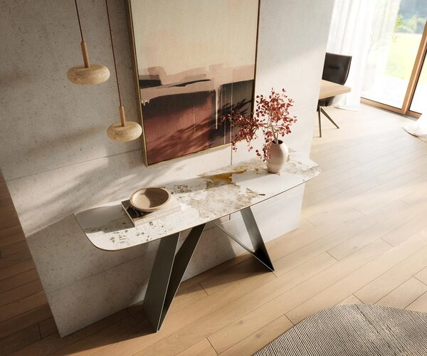 DELIFE Konzolový stolík Edge zaoblený 140×40 cm keramika Minas Melange bielo-béžová Velio kov titánová farba
