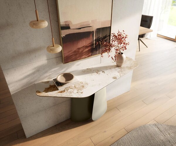 DELIFE Konzolový stolík Edge polygonálny 140×50 cm keramika Minas melange bielo-béžová Livos kov titánová farba