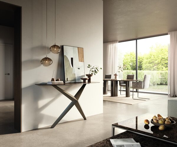 DELIFE Konzolový stolík Edge polygonálny 140×50 cm keramika Emperador Extra Lucidato tmavohnedá Zentharo kov titánová farba