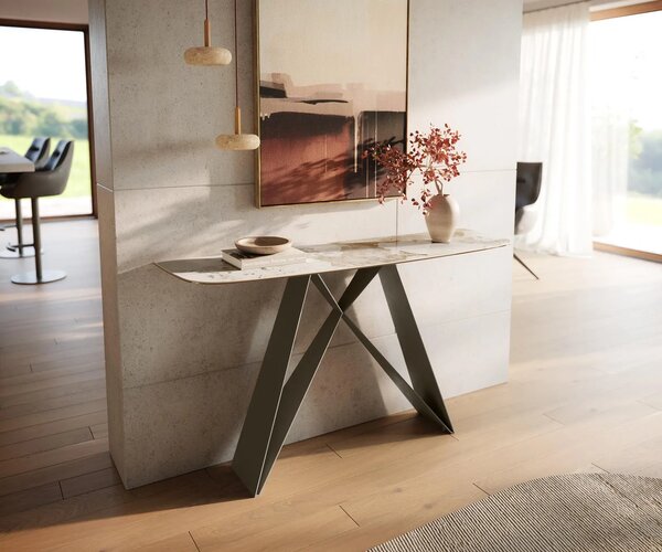 DELIFE Konzolový stolík Edge zaoblený 140×40 cm keramika Minas Melange bielo-béžová Velio kov titánová farba