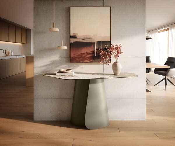 DELIFE Konzolový stolík Edge polygonálny 140×50 cm keramika Minas melange bielo-béžová Livos kov titánová farba