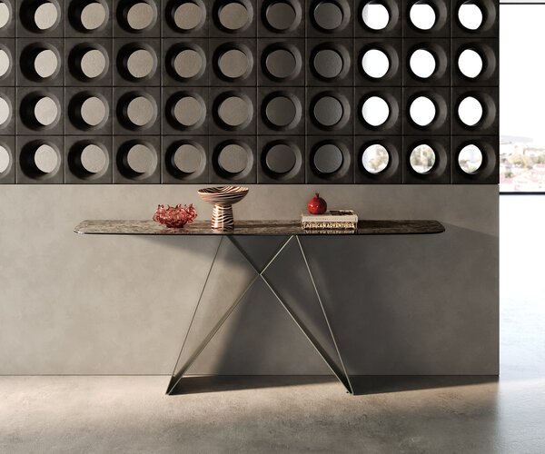DELIFE Konzolový stolík Edge zaoblený 180×40 cm keramika Emperador Extra Lucidato tmavohnedá Velio kov titánová farba