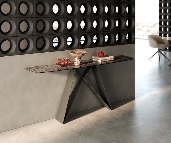 DELIFE Konzolový stolík Edge zaoblený 180×40 cm keramika Emperador Extra Lucidato tmavohnedá Velio kov titánová farba