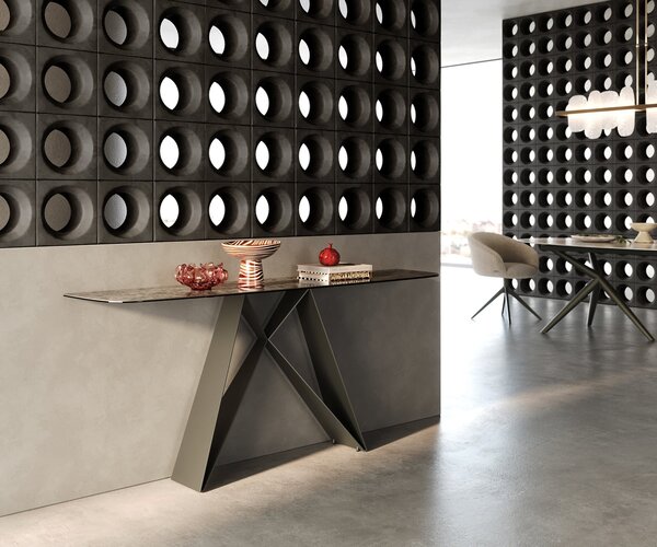 DELIFE Konzolový stolík Edge zaoblený 180×40 cm keramika Emperador Extra Lucidato tmavohnedá Velio kov titánová farba
