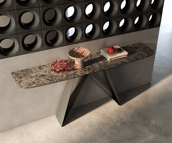 DELIFE Konzolový stolík Edge zaoblený 180×40 cm keramika Emperador Extra Lucidato tmavohnedá Velio kov titánová farba