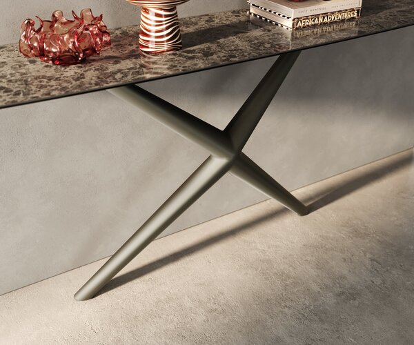 DELIFE Konzolový stolík Edge zaoblený 180×40 cm keramika Emperador Extra Lucidato tmavohnedá Estelo kov titánová farba