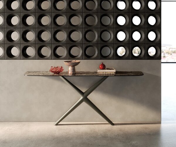DELIFE Konzolový stolík Edge zaoblený 180×40 cm keramika Emperador Extra Lucidato tmavohnedá Estelo kov titánová farba