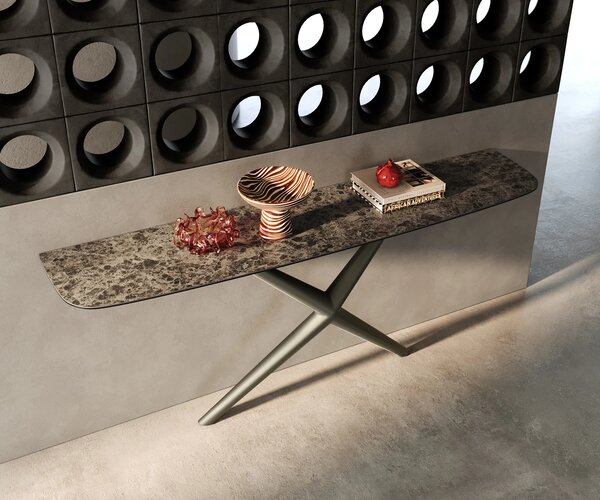 DELIFE Konzolový stolík Edge zaoblený 180×40 cm keramika Emperador Extra Lucidato tmavohnedá Estelo kov titánová farba