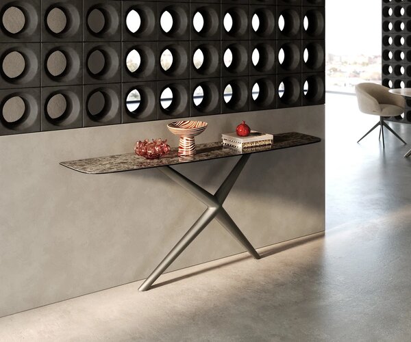 DELIFE Konzolový stolík Edge zaoblený 180×40 cm keramika Emperador Extra Lucidato tmavohnedá Estelo kov titánová farba