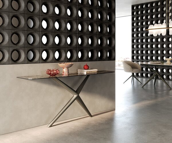 DELIFE Konzolový stolík Edge zaoblený 180×40 cm keramika Emperador Extra Lucidato tmavohnedá Estelo kov titánová farba