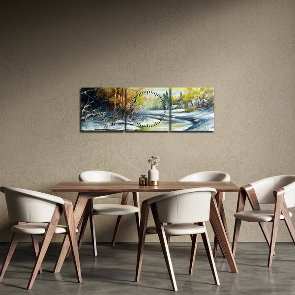 Obraz zimnej rieky, olejomaľba (s hodinami) (90x30 cm)