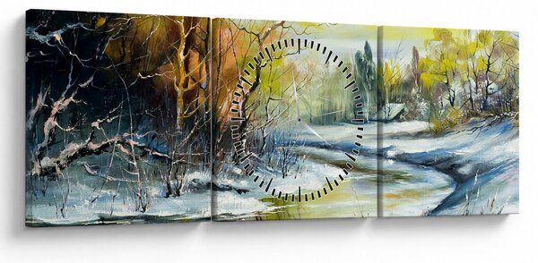 Obraz zimnej rieky, olejomaľba (s hodinami) (90x30 cm)