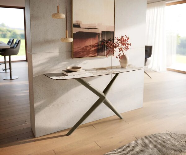 DELIFE Konzolový stolík Edge zaoblený 140×40 cm keramika Minas Melange bielo-béžová Estelo kov titánová farba