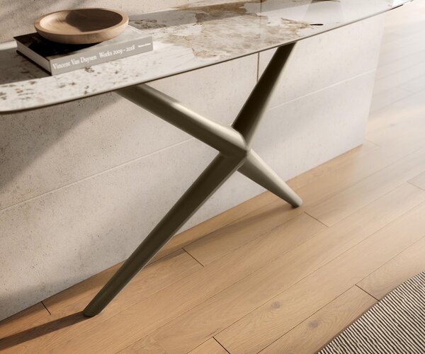 DELIFE Konzolový stolík Edge zaoblený 140×40 cm keramika Minas Melange bielo-béžová Estelo kov titánová farba