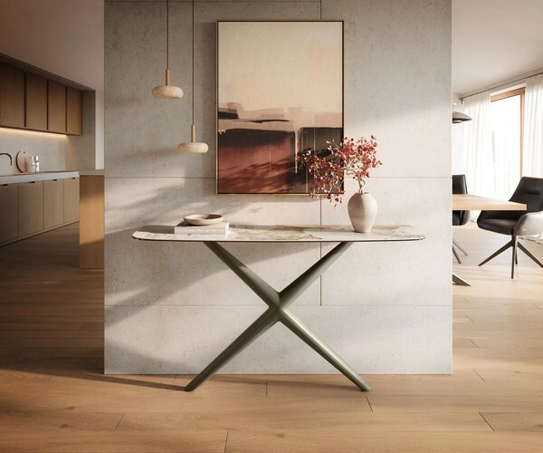 DELIFE Konzolový stolík Edge zaoblený 140×40 cm keramika Minas Melange bielo-béžová Estelo kov titánová farba