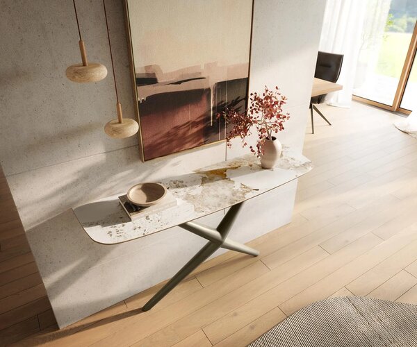 DELIFE Konzolový stolík Edge zaoblený 140×40 cm keramika Minas Melange bielo-béžová Estelo kov titánová farba