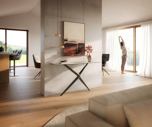 DELIFE Konzolový stolík Edge zaoblený 140×40 cm keramika Minas Melange bielo-béžová Estelo kov titánová farba