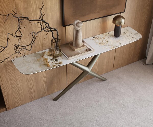 DELIFE Konzolový stolík Edge zaoblený tvar 180×40 cm keramika Minas Melange bielo-béžová Estelo kov titánová farba