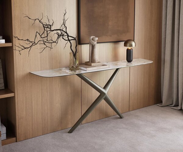 DELIFE Konzolový stolík Edge zaoblený tvar 180×40 cm keramika Minas Melange bielo-béžová Estelo kov titánová farba