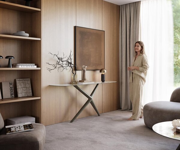 DELIFE Konzolový stolík Edge zaoblený tvar 180×40 cm keramika Minas Melange bielo-béžová Estelo kov titánová farba