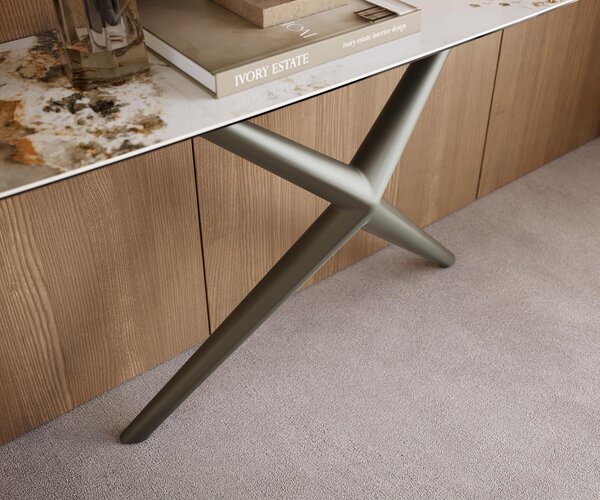 DELIFE Konzolový stolík Edge zaoblený tvar 180×40 cm keramika Minas Melange bielo-béžová Estelo kov titánová farba