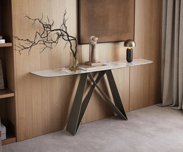 DELIFE Konzolový stolík Edge zaoblený tvar 180×40 cm keramika Minas Melange bielo-béžová Velio kov titánová farba