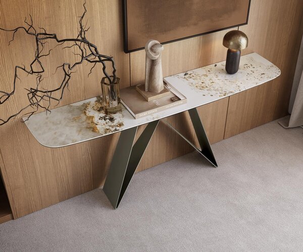 DELIFE Konzolový stolík Edge zaoblený tvar 180×40 cm keramika Minas Melange bielo-béžová Velio kov titánová farba