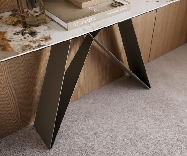 DELIFE Konzolový stolík Edge zaoblený tvar 180×40 cm keramika Minas Melange bielo-béžová Velio kov titánová farba