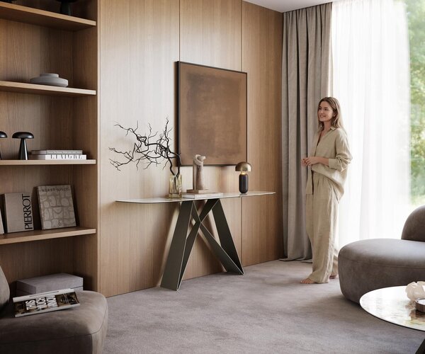 DELIFE Konzolový stolík Edge zaoblený tvar 180×40 cm keramika Minas Melange bielo-béžová Velio kov titánová farba