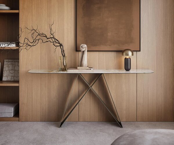 DELIFE Konzolový stolík Edge zaoblený tvar 180×40 cm keramika Minas Melange bielo-béžová Velio kov titánová farba